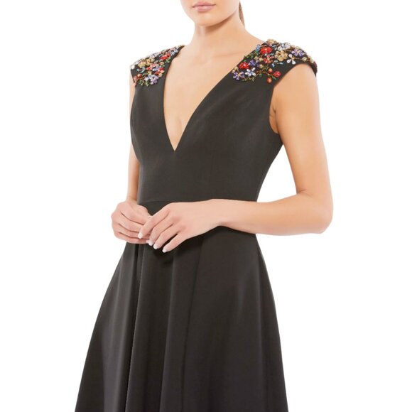 Mac Duggal 70214 Size 16 Black Floral Beaded V-Neck‎ A-Line Cocktail Midi Dress - Picture 3 of 4